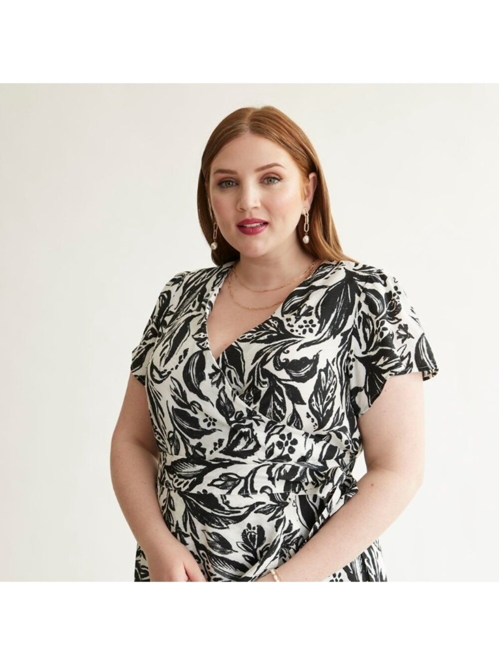 Penningtons Black White V-Neck Wrap Blouse Top Short Sleeves Dressy Office 2X